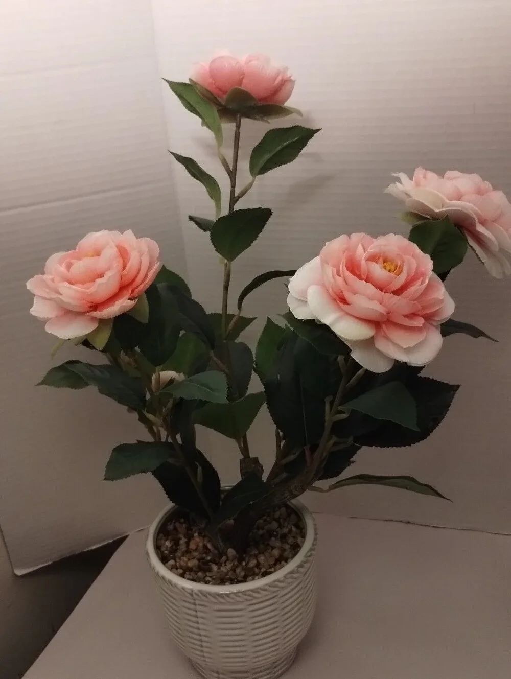 Artificial Camellia Pink/White Faux Plant in White Ceramic Pot